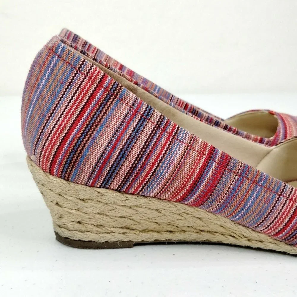 Coach And Four Lucine Stripe Peep Toe Espadrille Wedge Shoes Women's Size 9